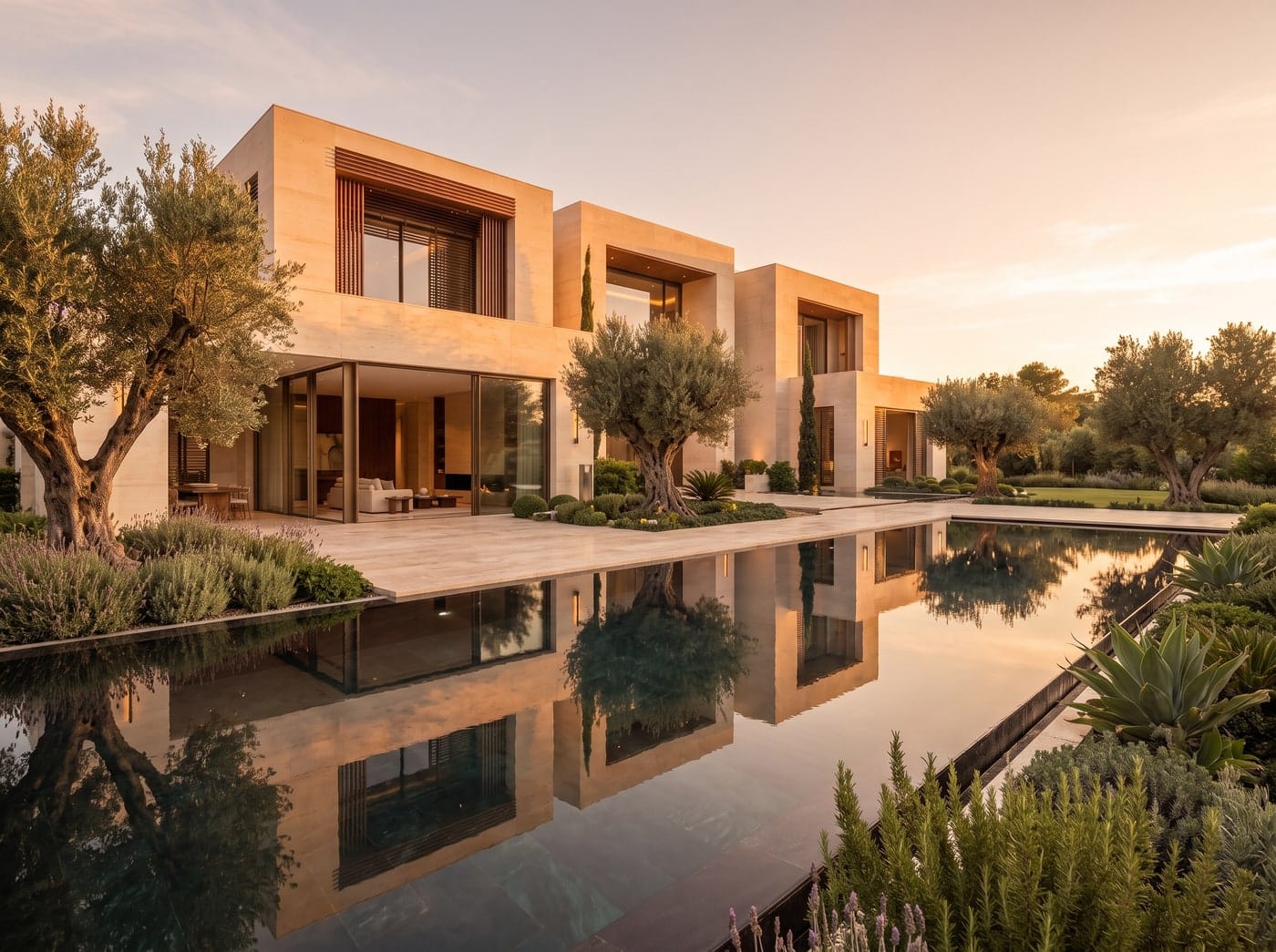 Villa contemporánea con piscina desbordante y olivos al atardecer.